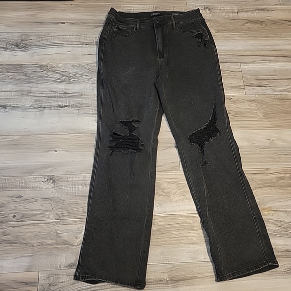 Judy Blue Denim - Judy Blue Jeans Womens 15/32 Black Washed Distressed Denim High Rise‎ Straight